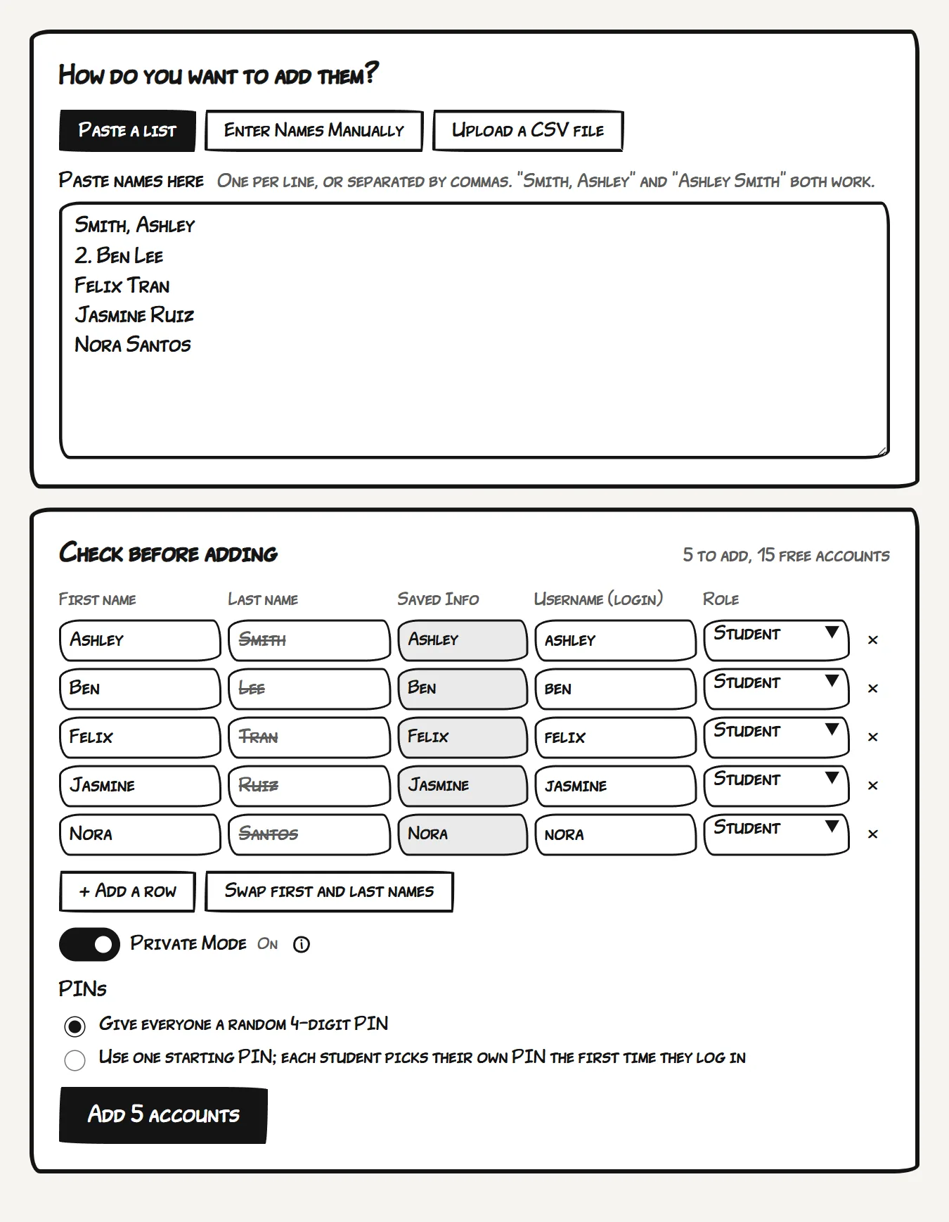 Add Students with a pasted class list turned into rows of first names, last names and usernames.
