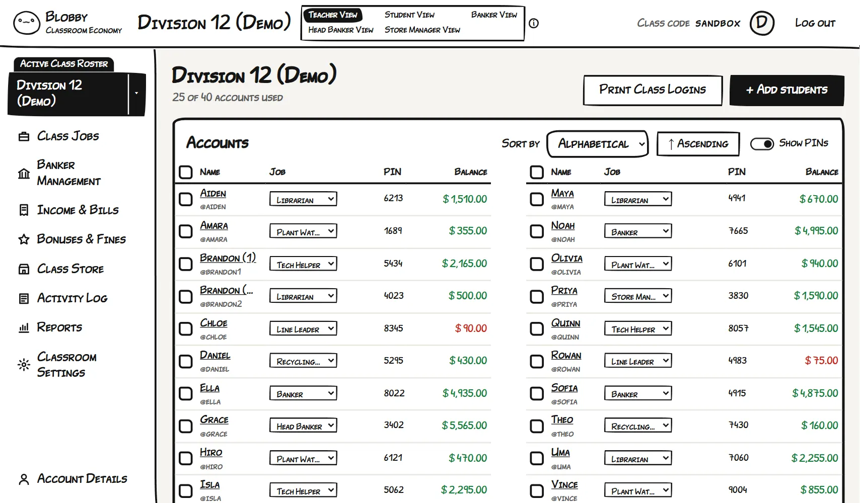The whole Dynamic Class Roster page, as a teacher sees it in the demo class.