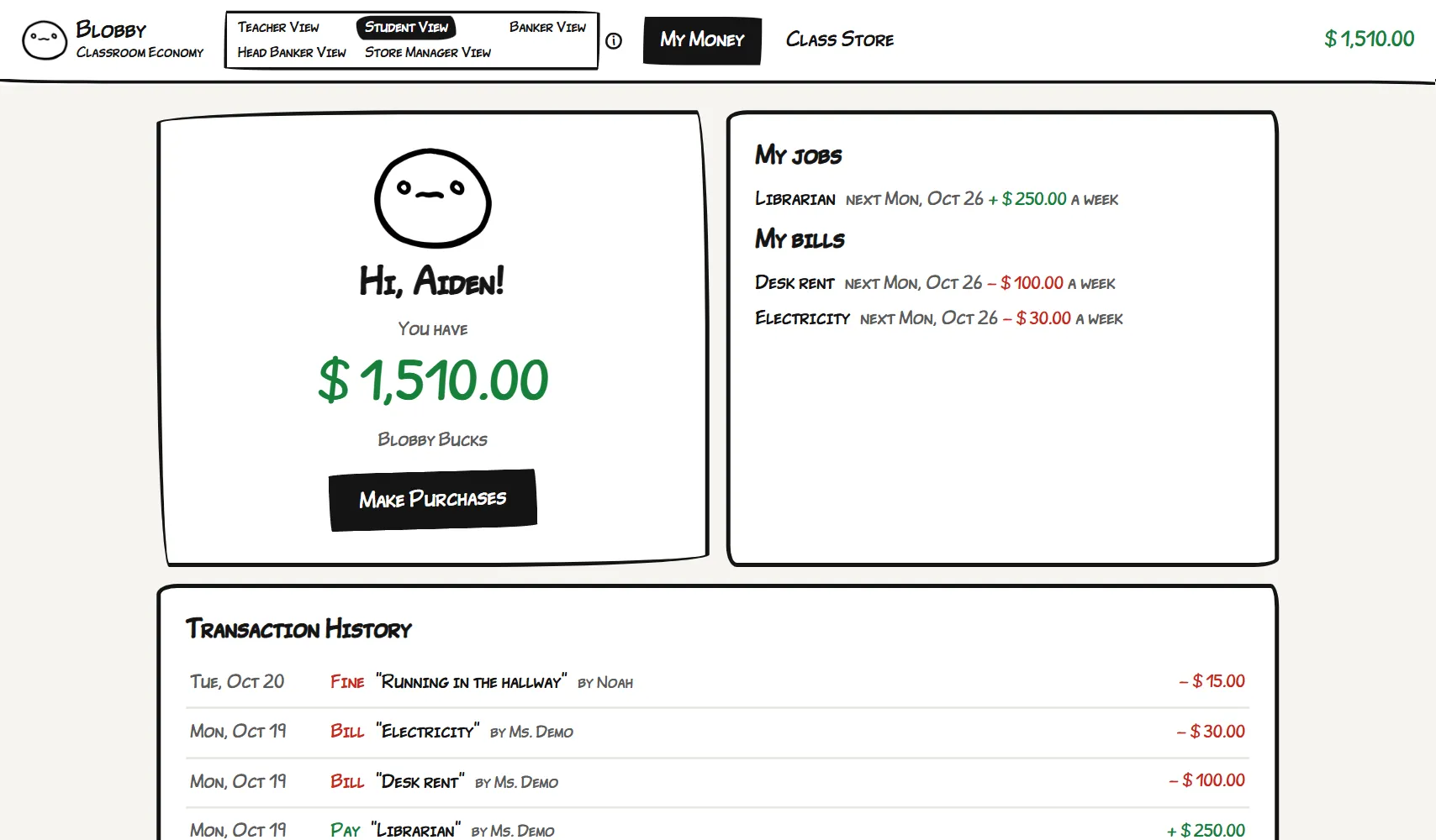 A student's home page in the demo class: their balance, jobs, bills and transaction history.