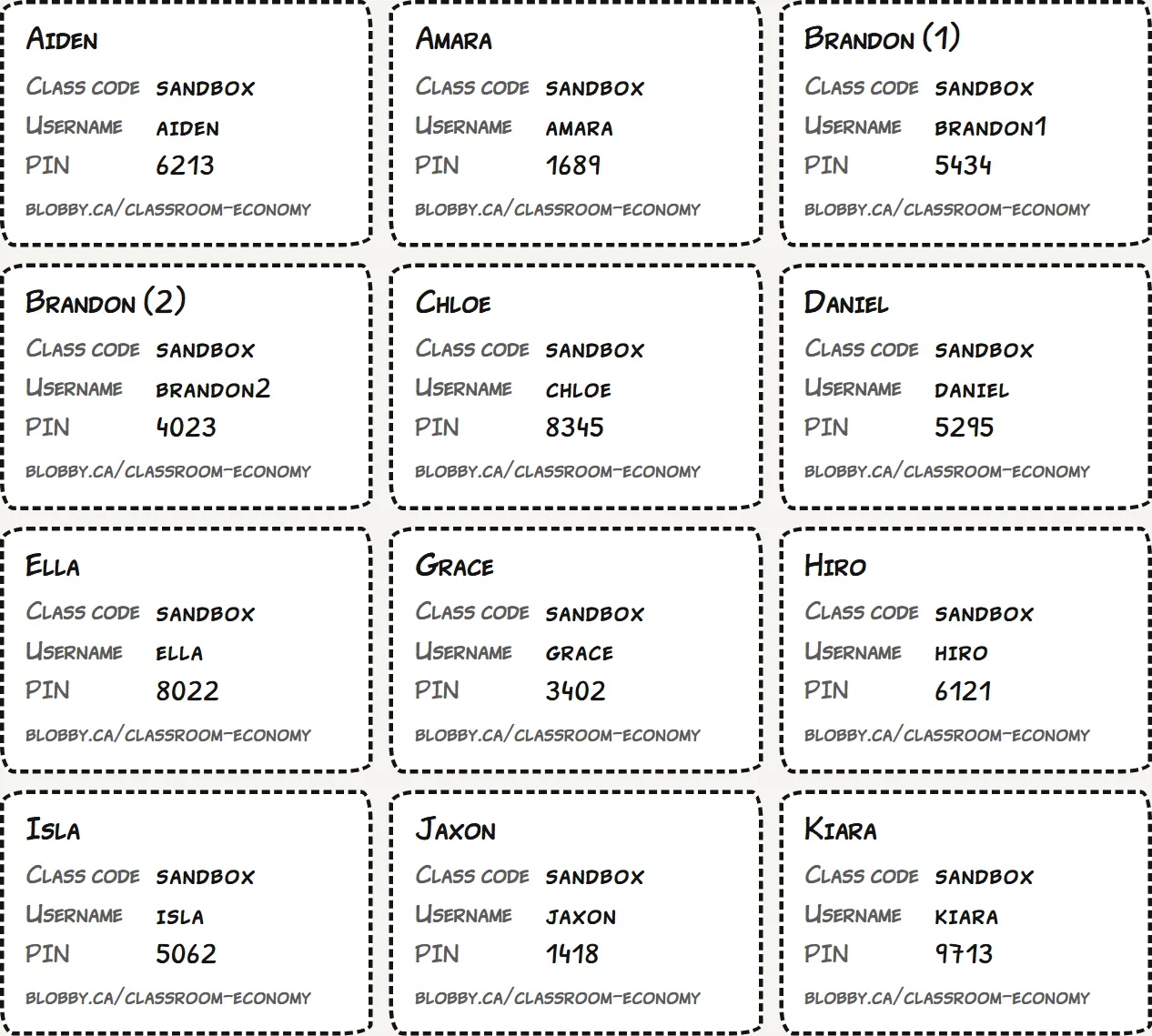 Printed login cards, one per student, each with the class code, username and PIN, ready to cut apart.